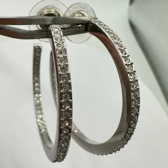 Swarovski Swan silver tone clear Austrian crystals hoop hoops post earrings - Picture 3 of 8